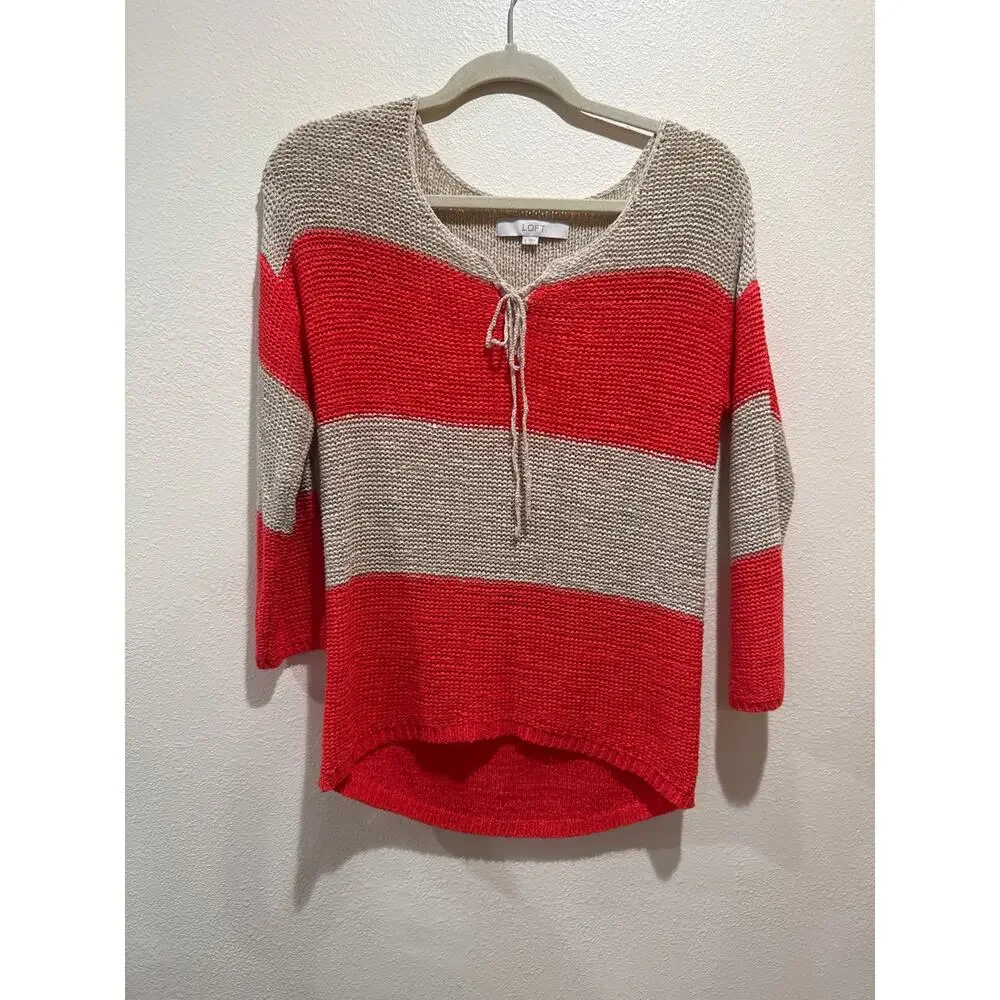 LOFT Women's Sweater with Orange and Cream Stripes size small